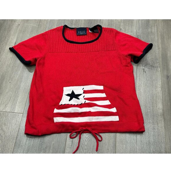Crazy Horse by Liz Claiborne Red Knit Flag Sweater Top Drawstring Hem Size L - Picture 1 of 8